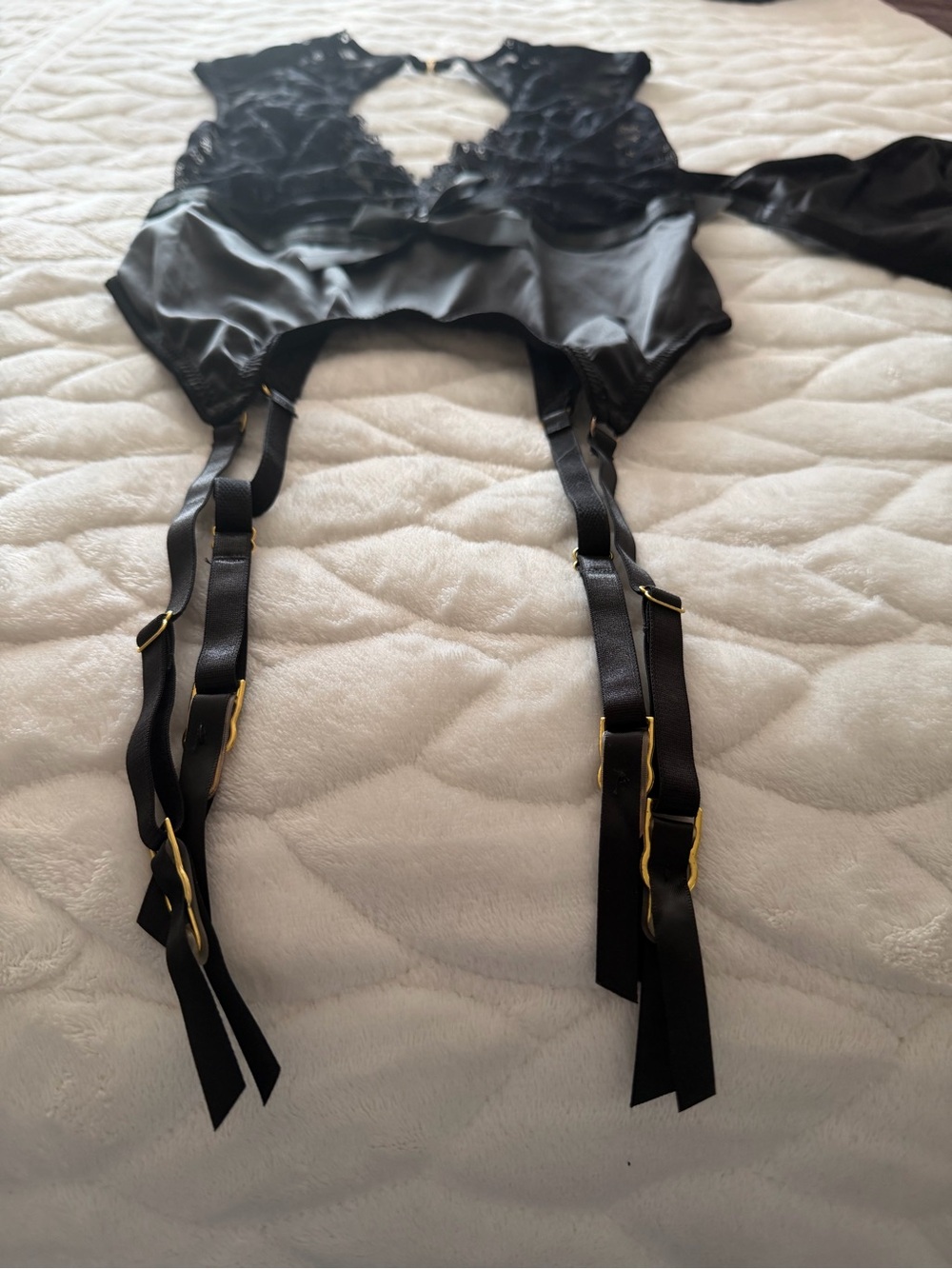 NEW! Fashion Nova Black 2-pc Lace Plunge Bodysuit with Satin Waist size small - Picture 5 of 11
